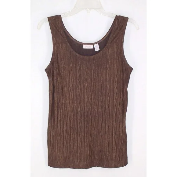 Chico's Tank Top 1 S Brown Bronze Metallic Shimmer Crinkle Sleeveless Shell - Picture 2 of 5